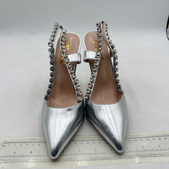 FSJ Metallic Silver Slingback Shoes Stiletto Heel Rhinestone Sandals - Picture 3 of 8